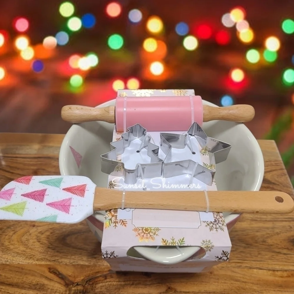 5pc Pastel Christmas Tree Handle Mixing Bowl Spatula Cookie cutters Rolling Pin